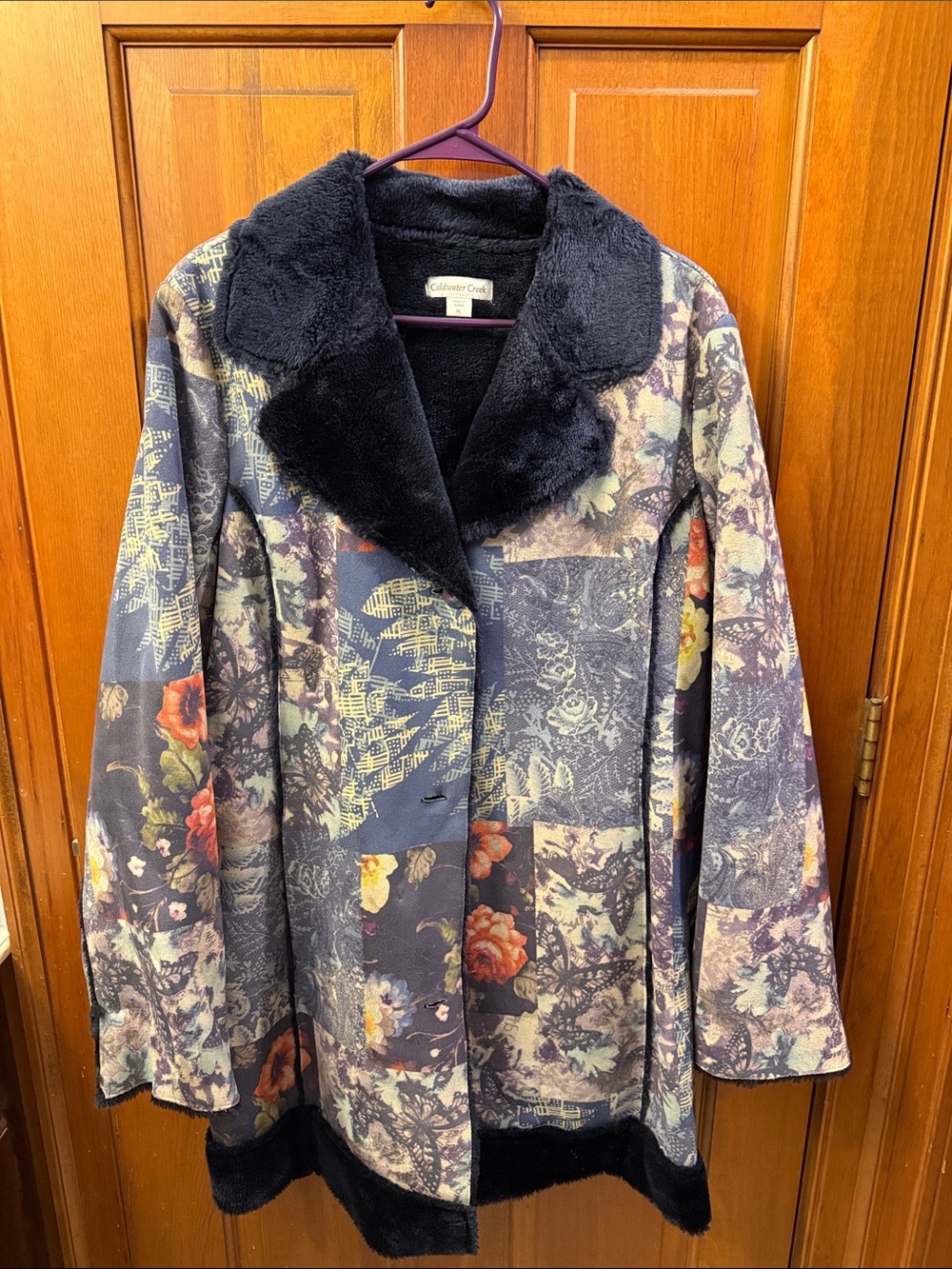 Coldwater Creek Navy Floral Patchwork Teddy-Trim Jacket